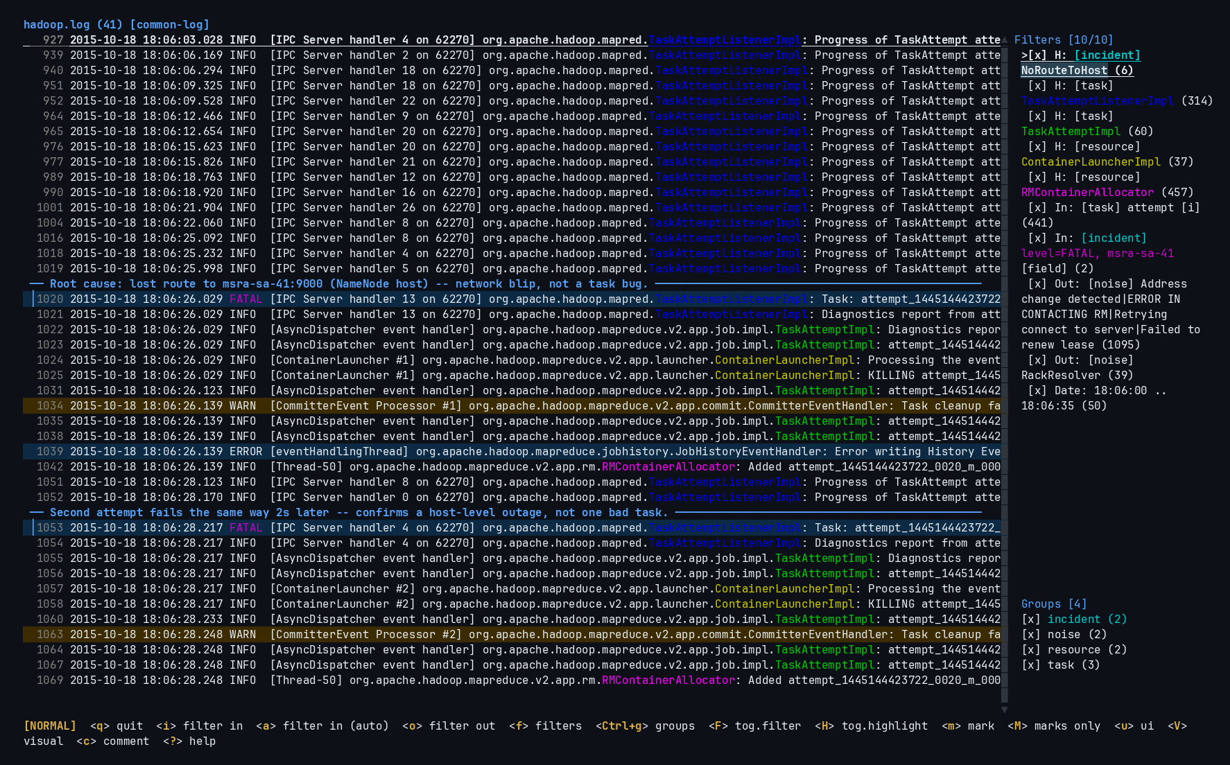 logana TUI sidebar showing a date filter, an exclude filter, a plain include, a field+include filter, and five per-component highlight filters, each in its own colored group
